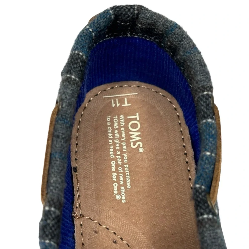 New TOMS Tiny Bimini Alpargata Blue & Grey Tartan Plaid Slip On Size 11 MSRP $59